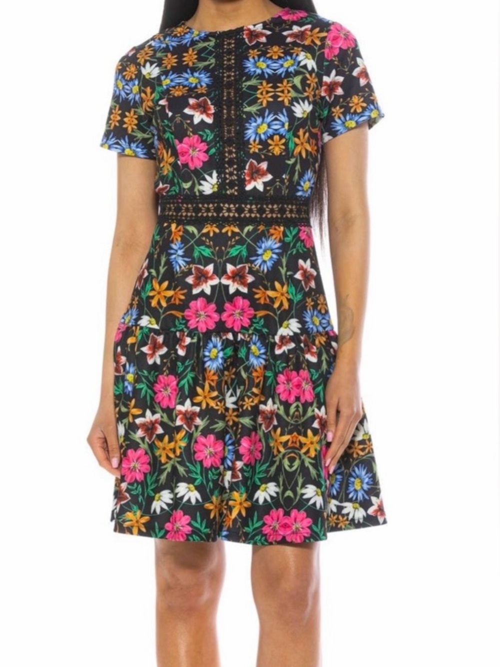 NWT Alexia Admor Lace Trim Fit And Flare Floral Print Short Sleeve Dress Size 10